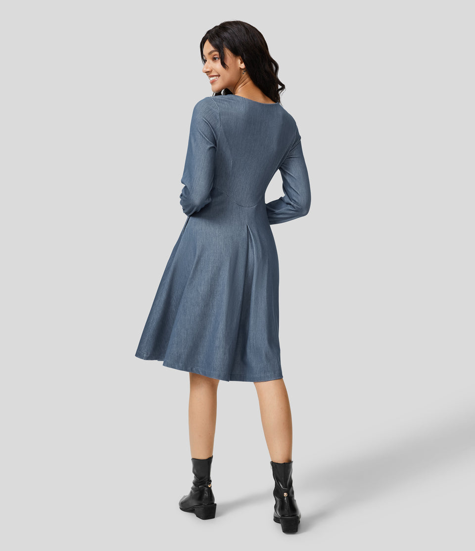 HalaraMagic™ Round Neck Long Sleeve Side Pocket Corset Plicated Flare Stretchy Knit Denim Midi Work Dress