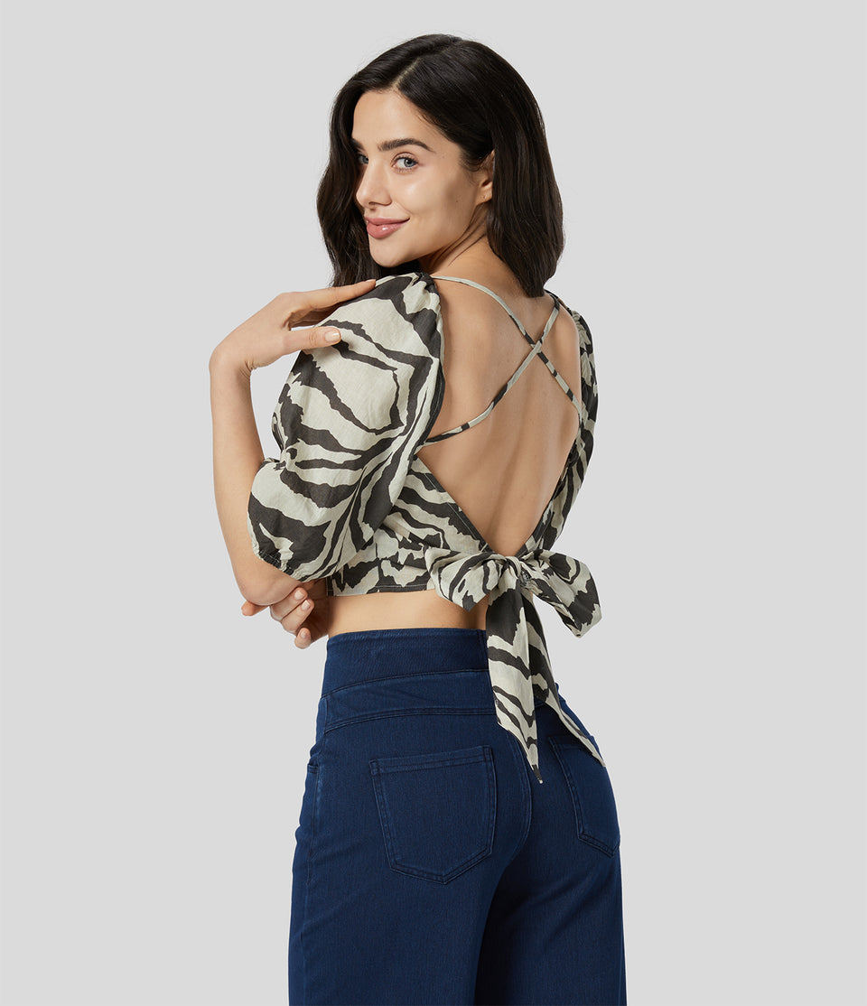 Square Neck Puff Sleeve Backless Tie Back Zebra Stripe Print Cropped Casual Cotton Blouse