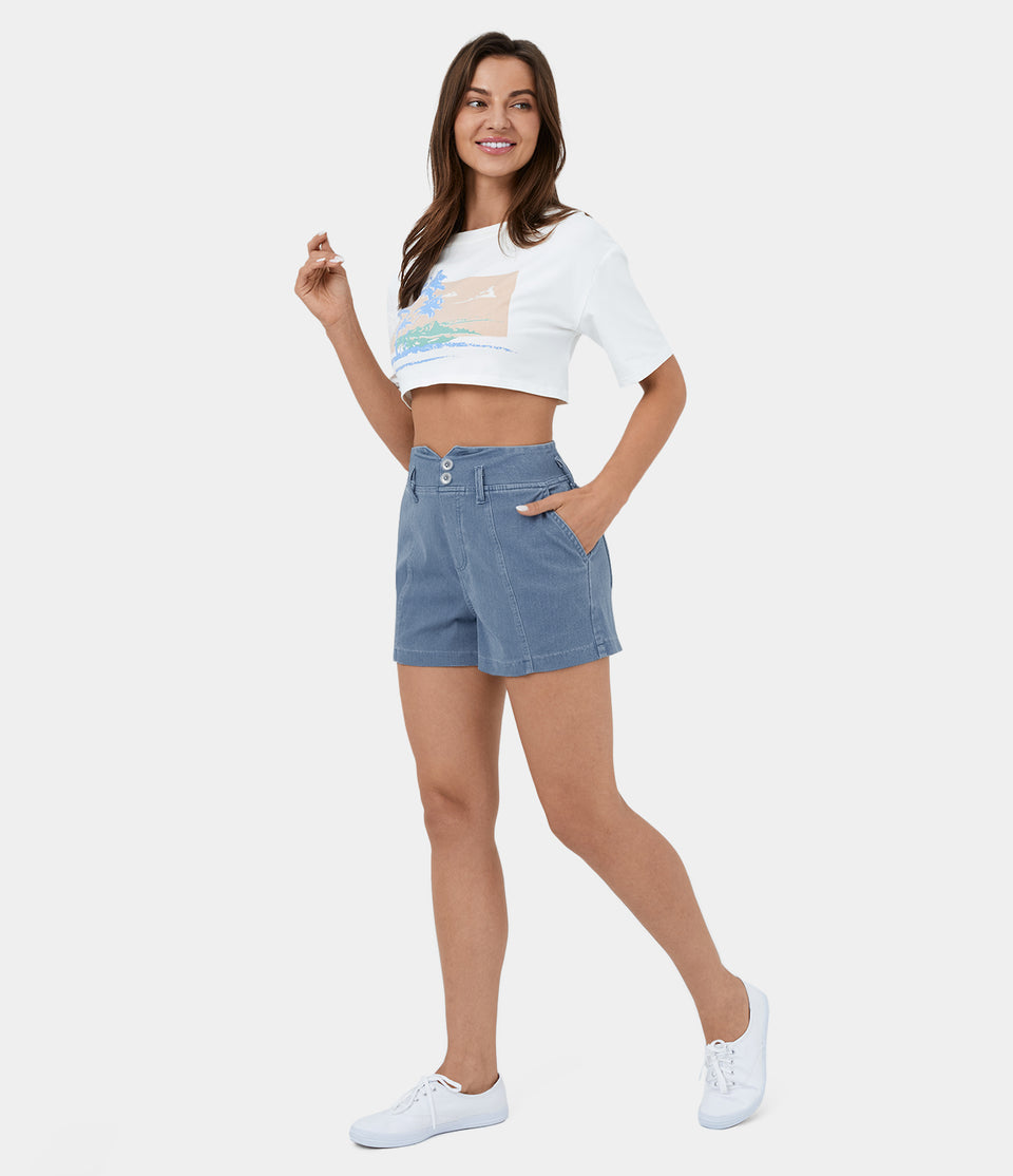 HalaraMagic™ High Waisted V Shaped Waistband Button Pockets Cool Touch Breathable Washed Stretchy Knit Denim Casual Shorts 3''