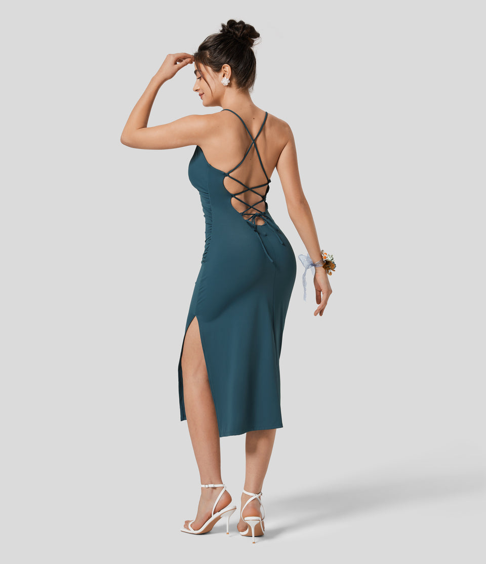 Softlyzero™ Airy Crossover Ruched Backless Lace Up Split Bodycon Cool Touch Bridesmaid And Wedding Guest Dress-UPF50+