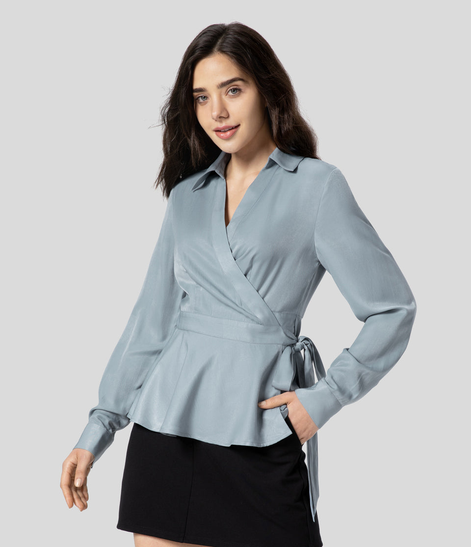 Collared Wrapped Tie Side Long Sleeve Ruffle Hem Casual Shirt