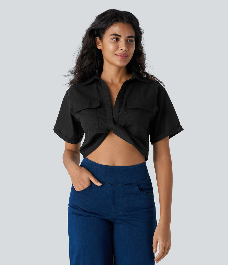 Collared Flap Pocket Twisted Linen-Blend Casual Blouse