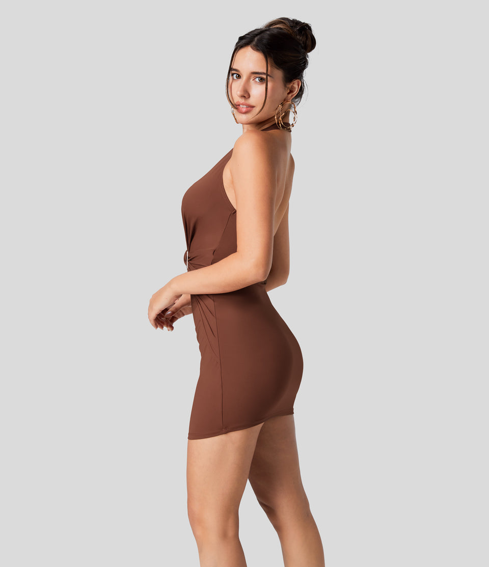 Deep V Neck Halter Backless Ruched Bodycon Mini Casual Dress