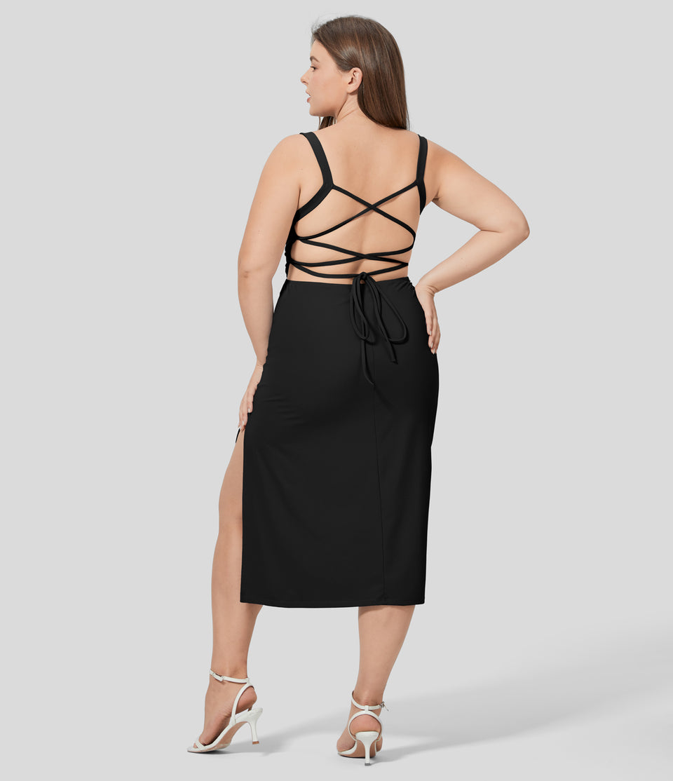 Ruched Split Backless Crisscross Lace Up Bodycon Midi Casual Plus Size Dress