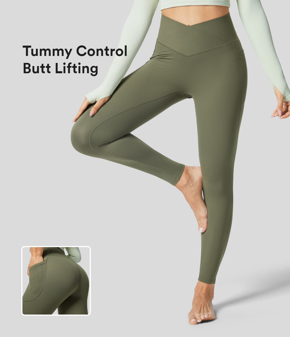 UltraSculpt High Waisted Crossover Tummy Control Butt Lifting Side Pocket Yoga 7/8 Leggings