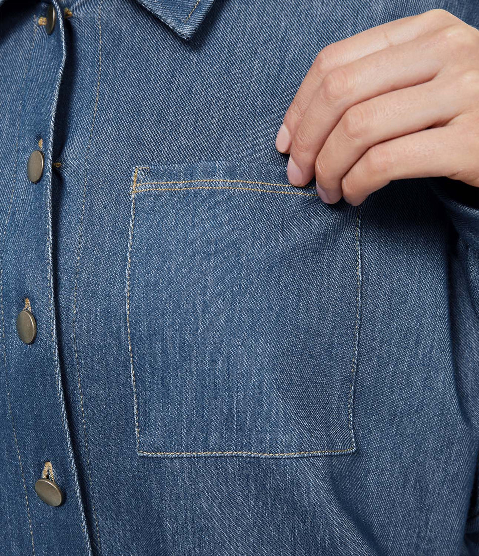 HalaraMagic™ Collared Multiple Pockets Button Front Split Curved Hem Stretchy Knit Denim Work Oversize Jacket