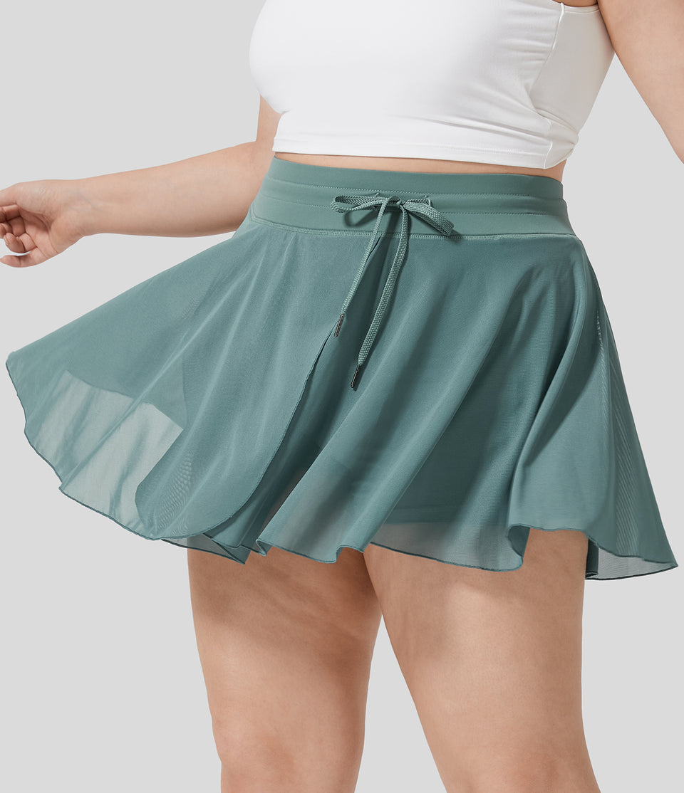 High Waisted Drawstring Contrast Mesh 2-in-1 Side Pocket Flowy Mini Flare Casual Plus Size Skirt
