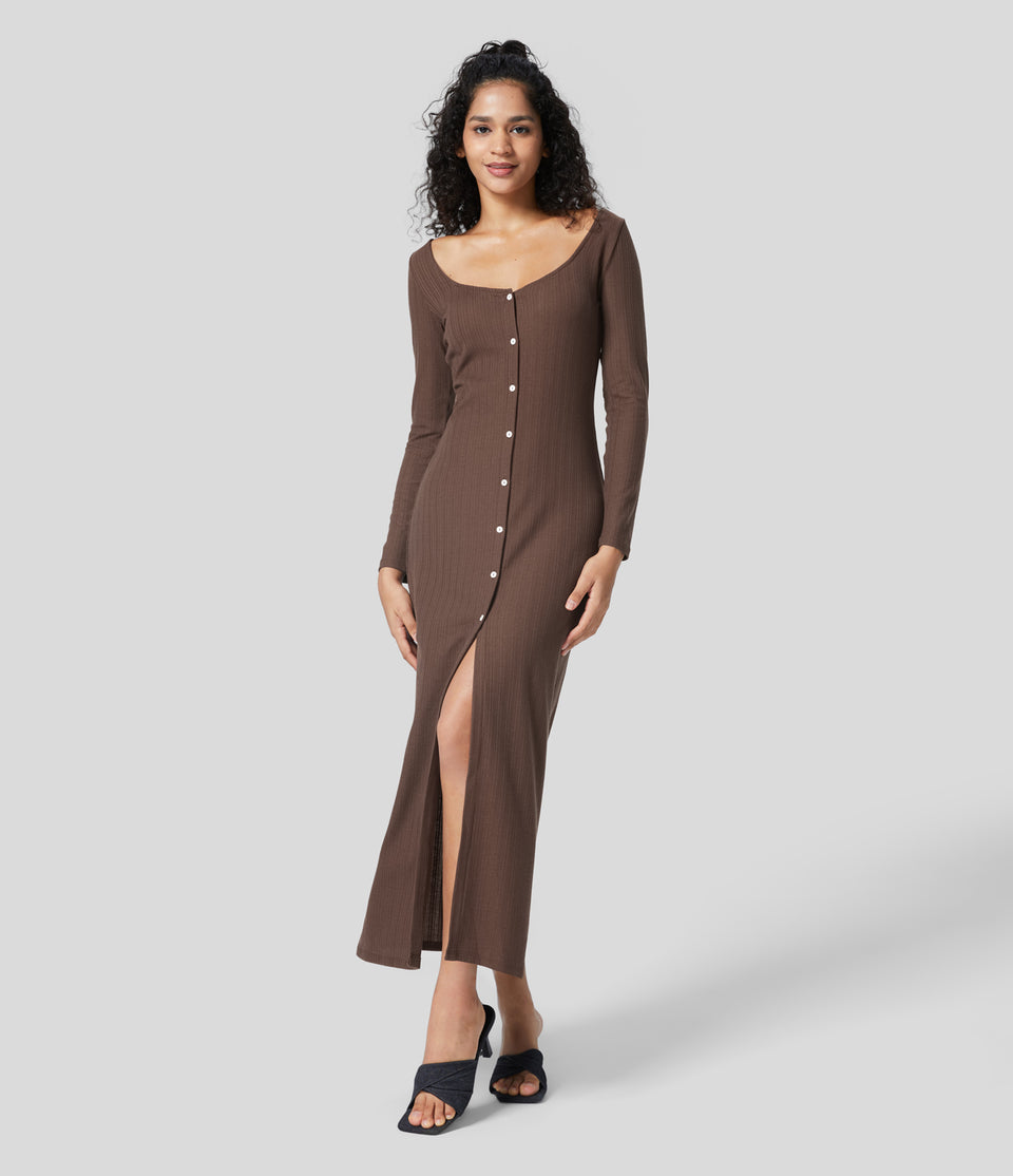 Button Long Sleeve Bodycon Maxi Casual Dress