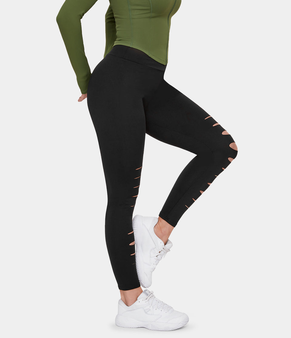 High Waisted Ripped Solid Casual Leggings
