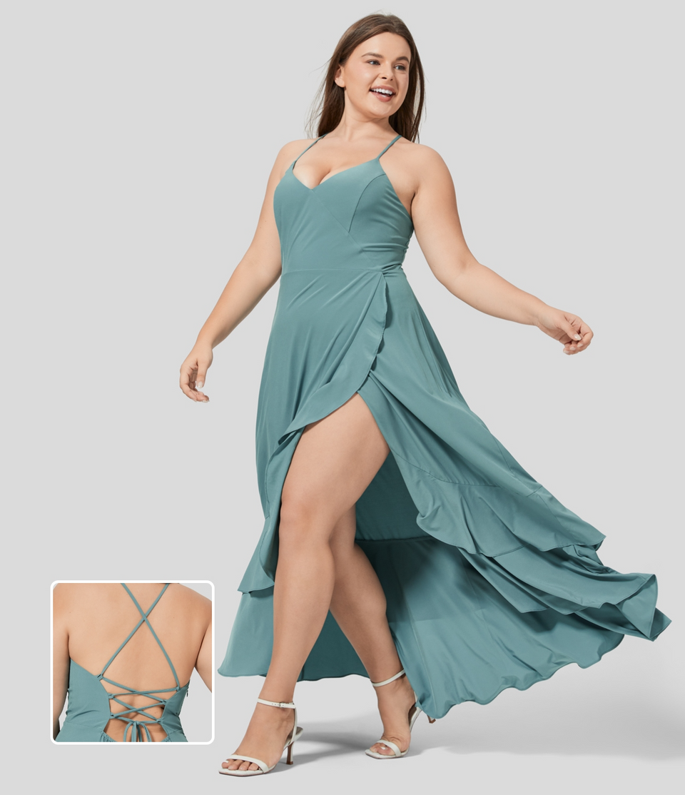 Breezeful™ Backless Crisscross Lace Up Side Zipper Ruffle Split Hem Maxi Quick Dry Casual Plus Size Dress