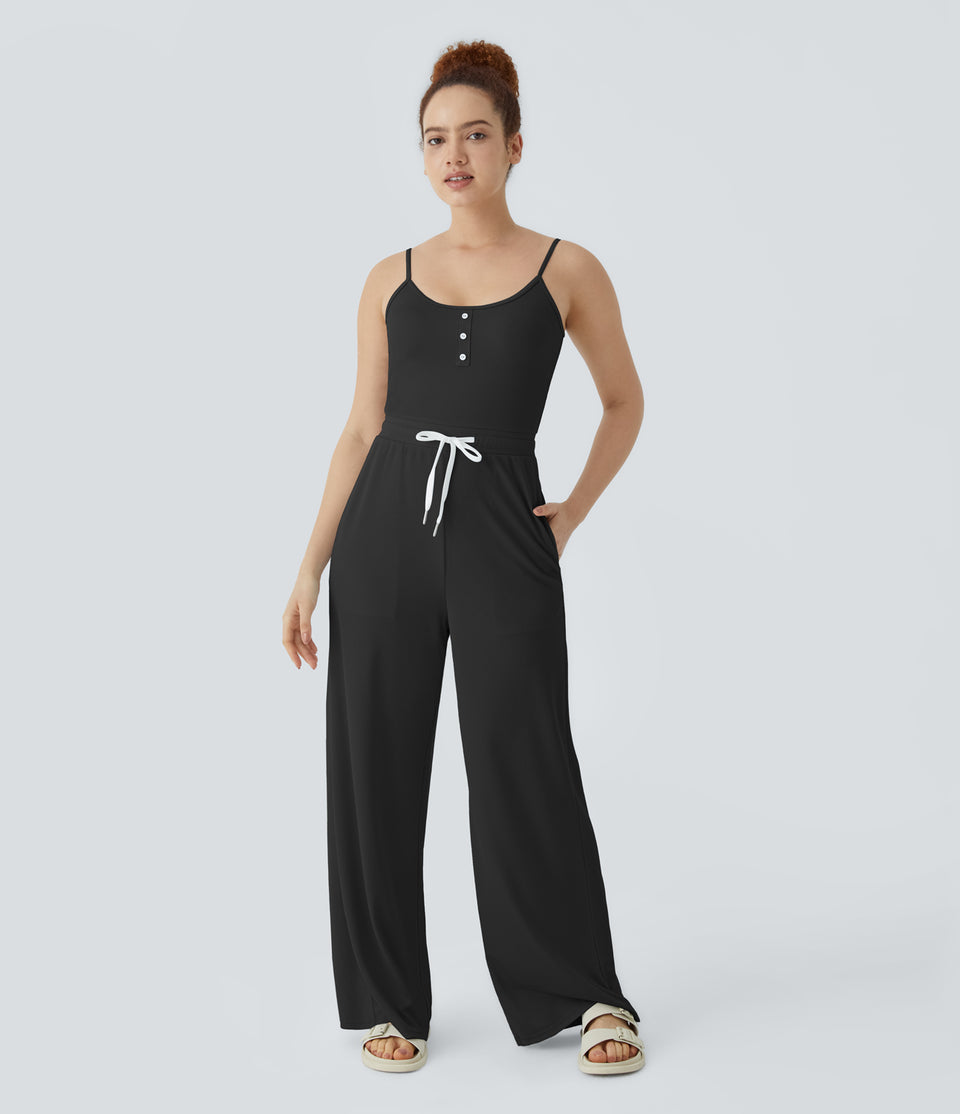 Decorative Button Backless Drawstring Side Pocket Wide Leg Waffle Casual Jumpsuit