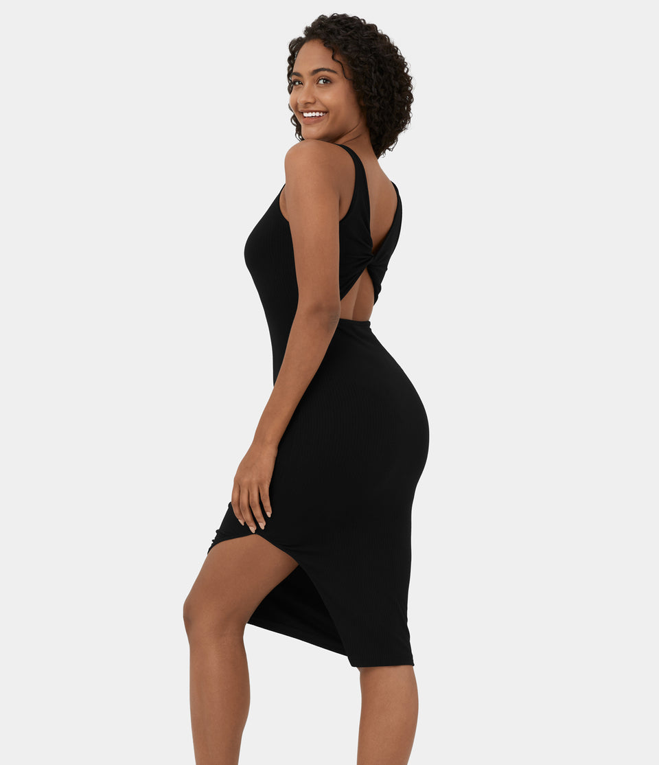 Backless Twisted Cut Out Sleeveless Side Split Bodycon Midi Casual Dress