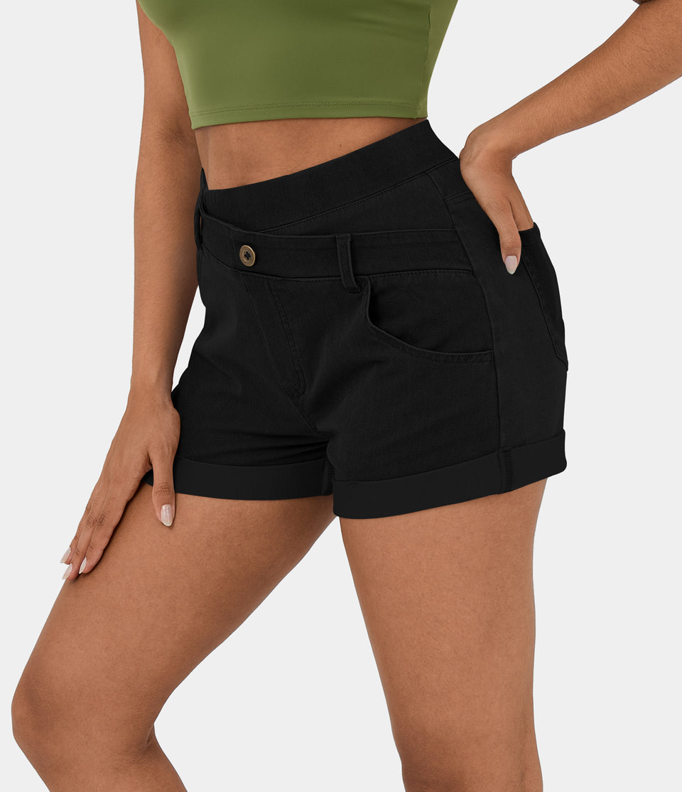 HalaraMagic™ High Waisted Crossover Button Multiple Pockets Rolled Hem Cool Touch Breathable Washed Stretchy Knit Denim Casual Shorts