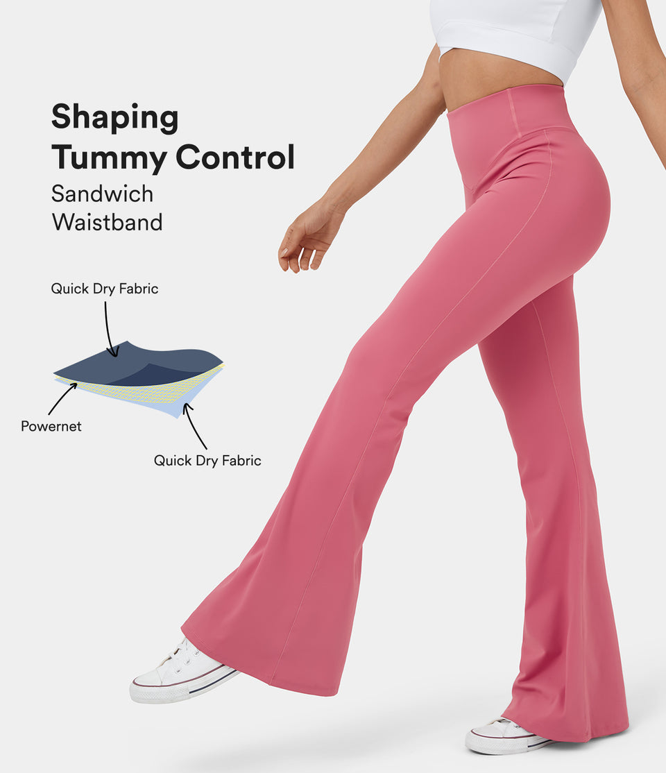 High Waisted Sandwich Waistband Tummy Control Back Pocket Flare Yoga Leggings
