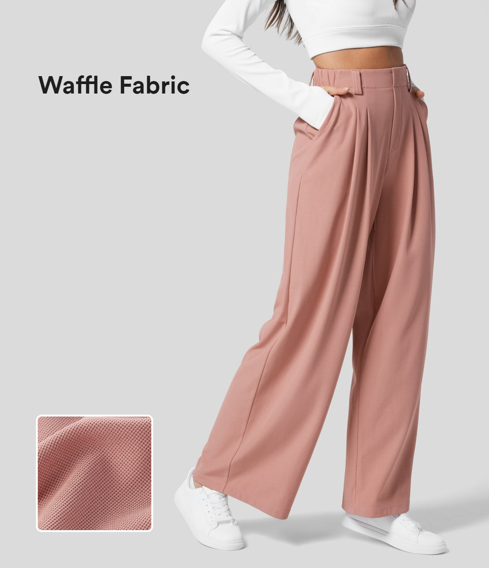 High Waisted Plicated Side Pocket Wide Leg Waffle Work Pants