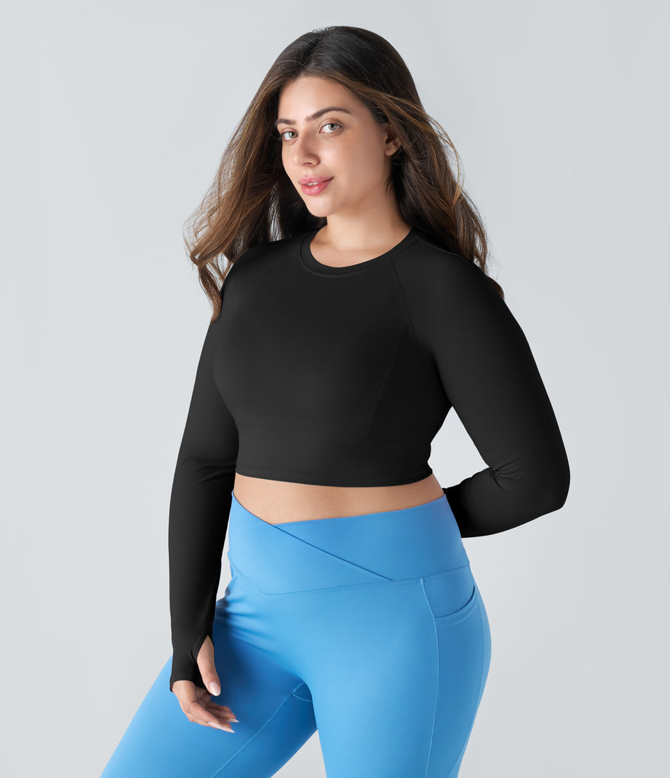 Solid Thumb Hole Cropped Yoga Plus Size Sports Top