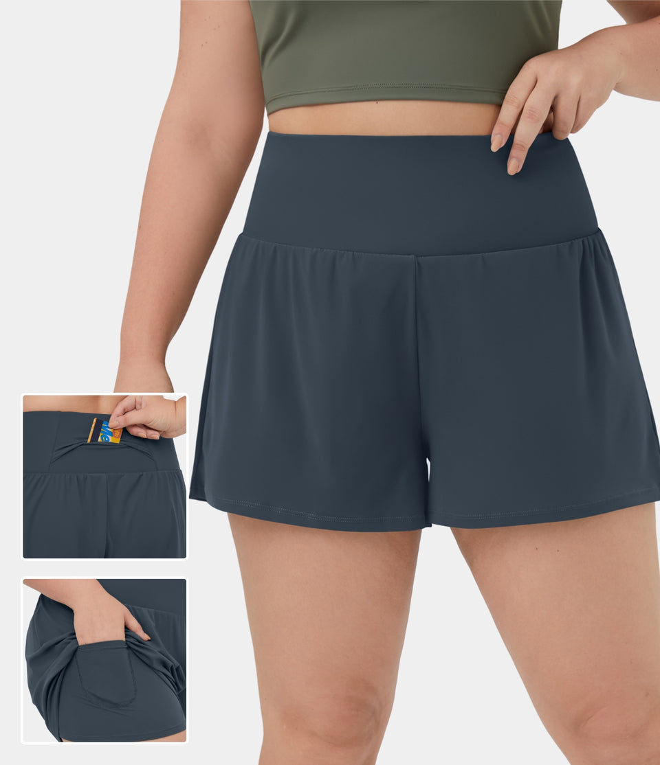 Back Pocket Plus Side Hidden Pocket 2-in-1 Gym Plus Size Shorts 3.5''