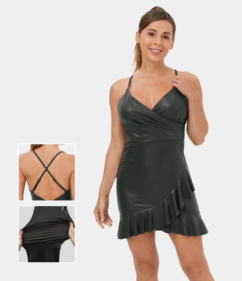 Softlyzero™ Faux Leather Backless Crisscross Adjustable Ruffle Hem Foil Print Stretchy Mini Casual Dress