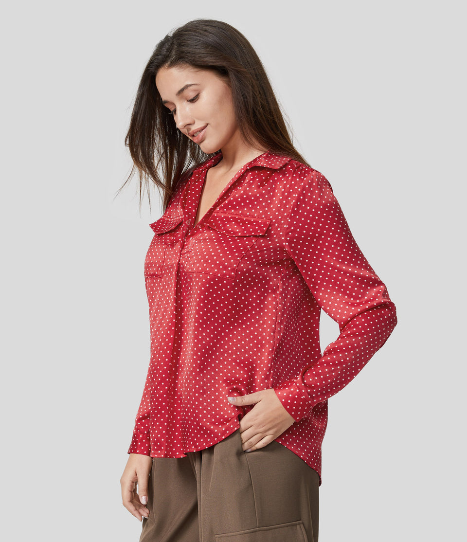 Collared Button Chest Pocket Long Sleeve Polka Dot Work Shirt