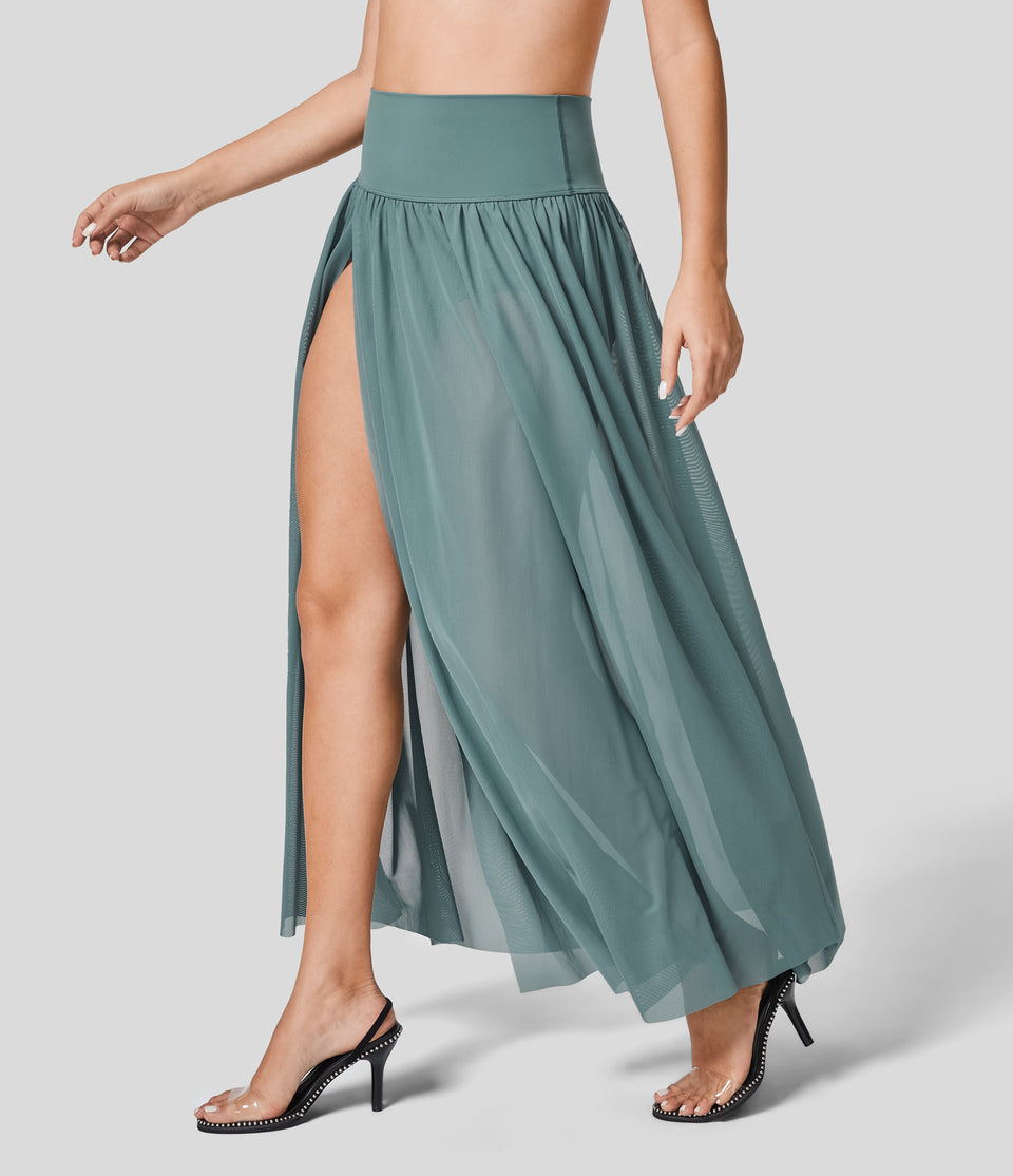 High Waisted Plicated Split 2-in-1 Mesh Flowy Maxi Casual Skirt