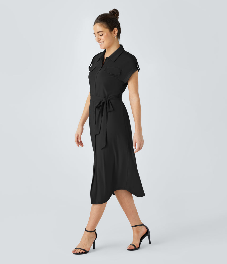 Collared Button Belted Curved Hem Midi Work Shirt Dress
