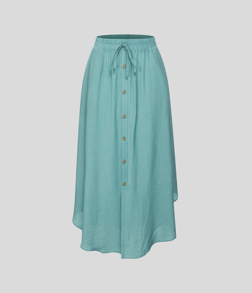 High Waisted Drawstring Button Side Pocket Flowy Midi Casual Skirt