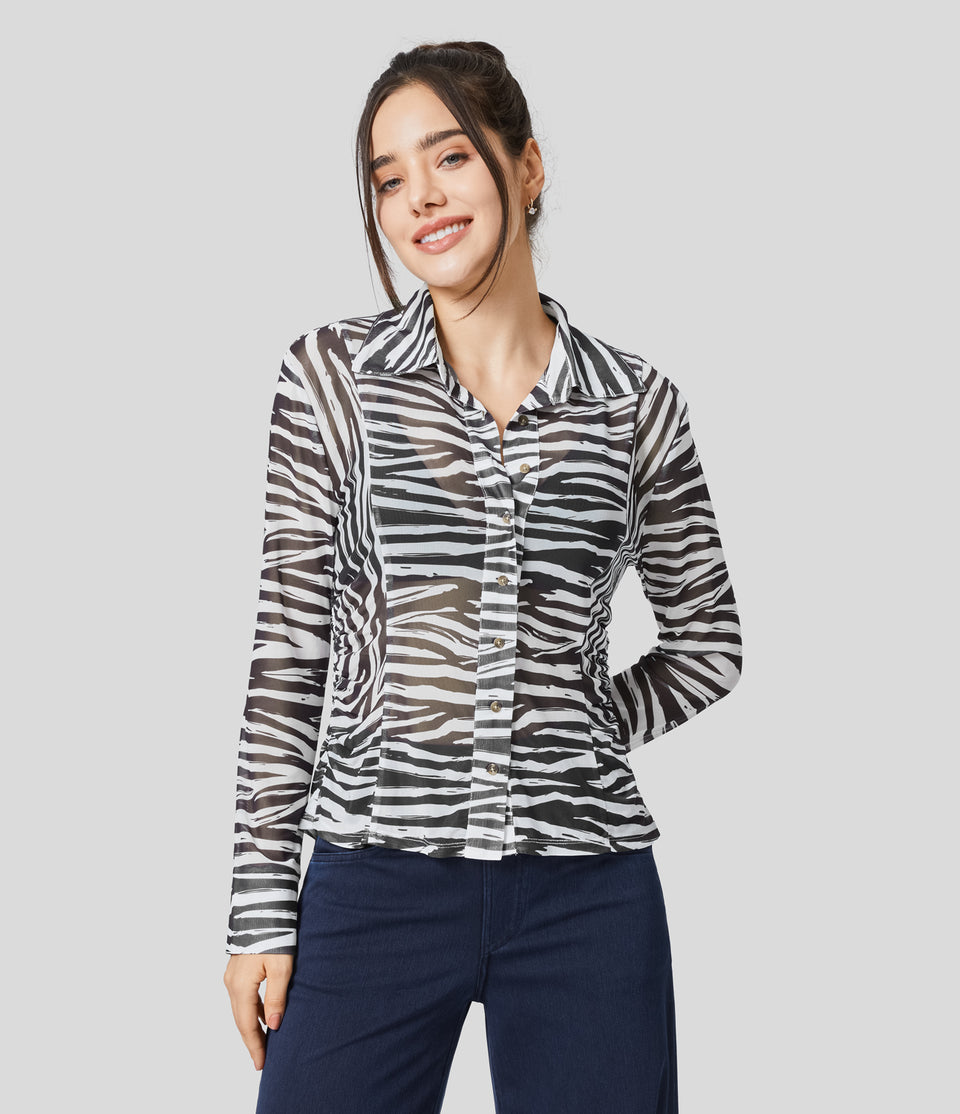 Sheer Collared Button Long Sleeve Ruched Animal Print Casual Shirt