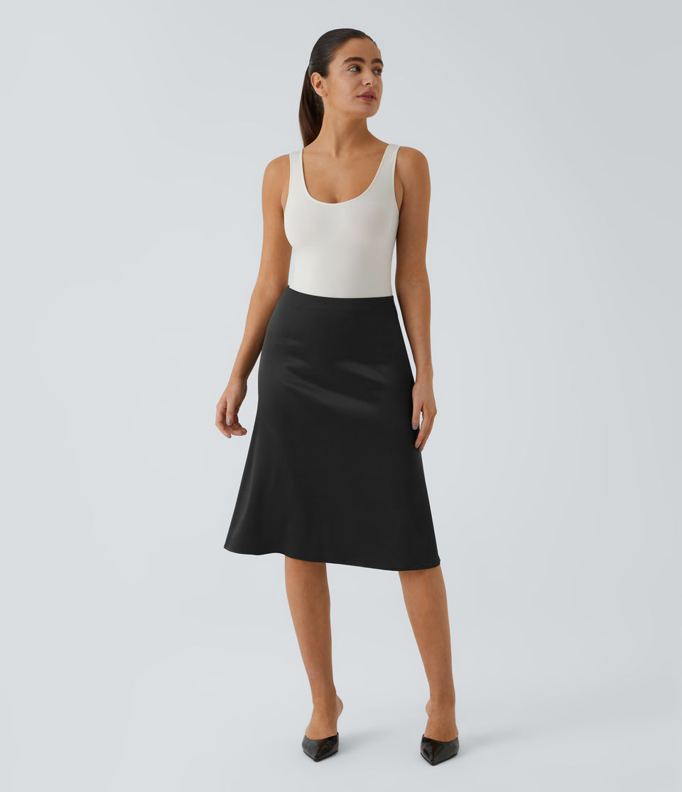 High Waisted Invisible Zipper Satin Midi Work Skirt