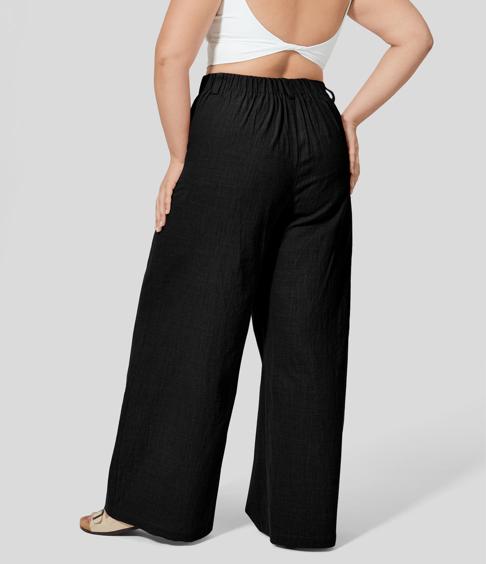 High Waisted Plicated Side Pocket Wide Leg Flowy Casual Plus Size Pants