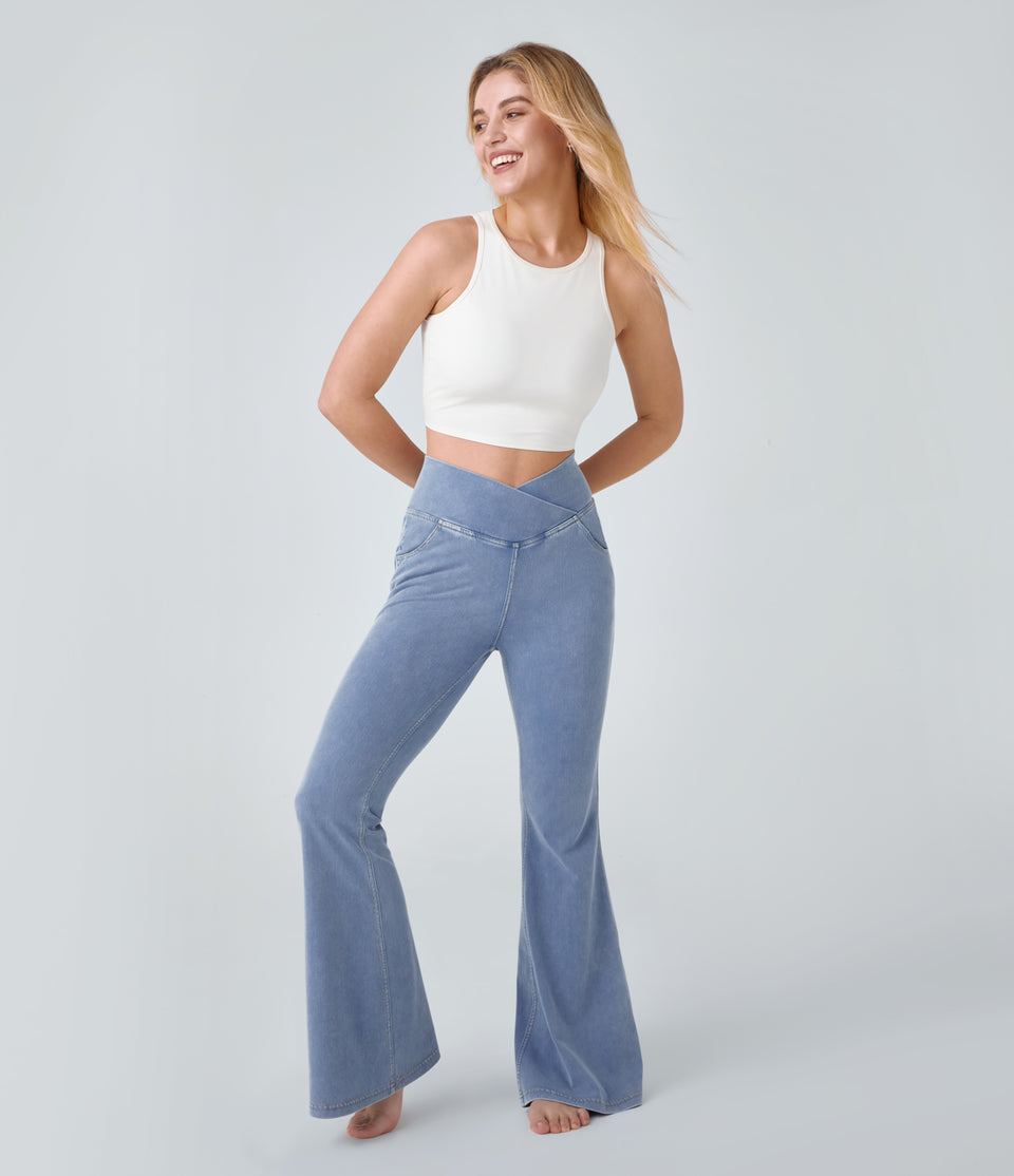 HalaraMagic™ High Waisted Crossover Pocket Cool Touch Washed Stretchy Knit Casual Super Flare Jeans