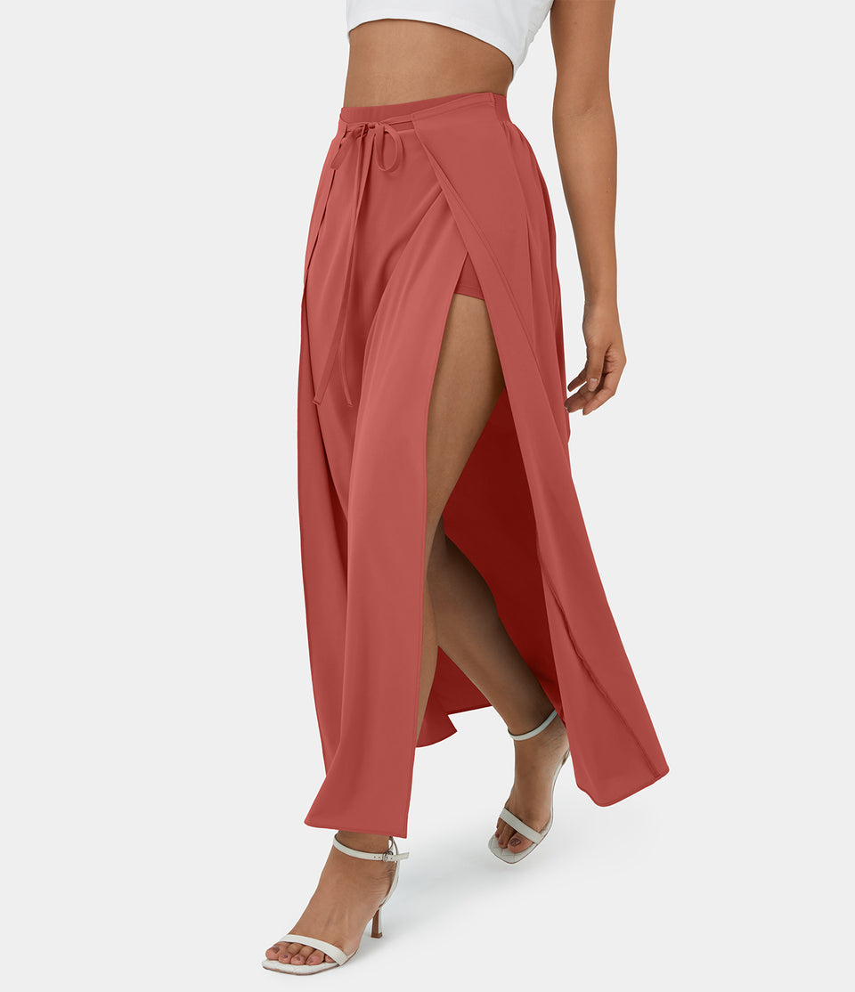 Breezeful™ High Waisted Tie Front Plicated Split Flowy 2-in-1 Maxi Quick Dry Casual Skirt