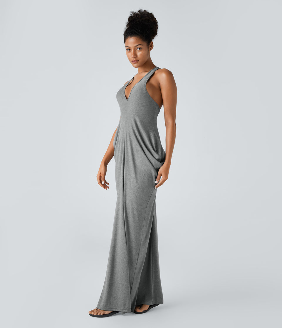 Deep V Neck Backless Racerback Stacked Ruched Maxi Casual Dress
