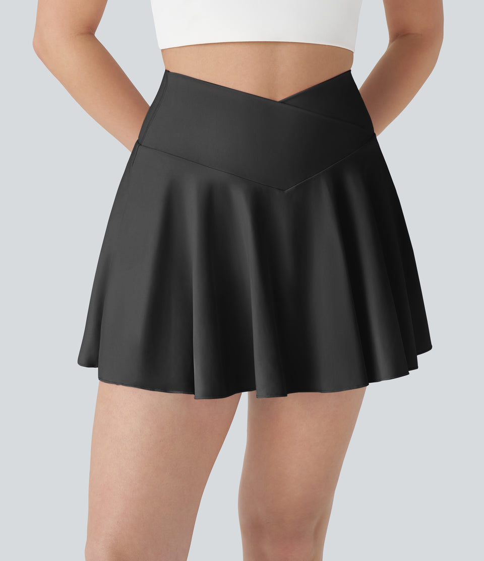 Softlyzero™ Airy Comfy High Waisted Crossover 2-in-1 Side Pocket Flare Cool Touch Tennis Skirt-Longer Length-UPF50+