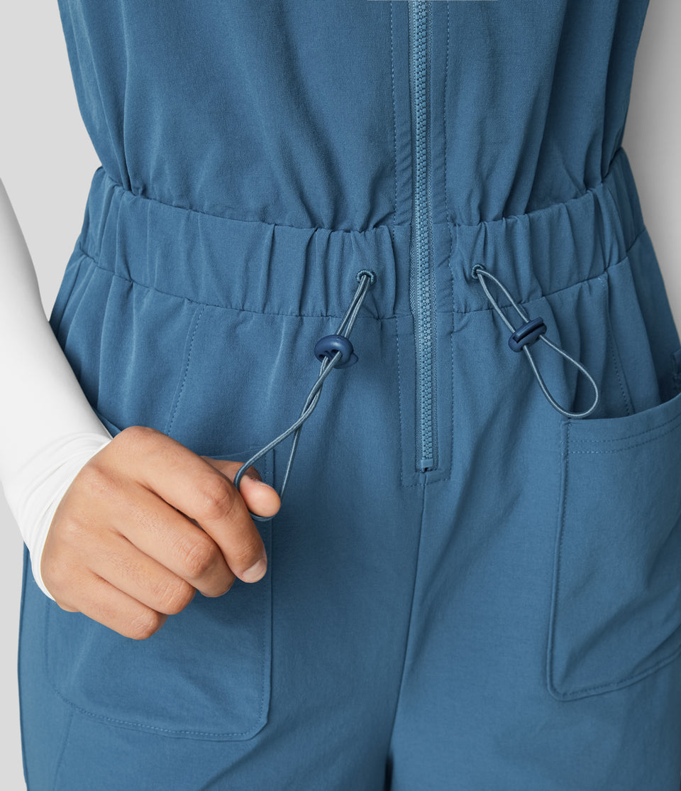 Zipper Adjustable Drawcord Front Pocket Crisscross Hiking Jumpsuit
