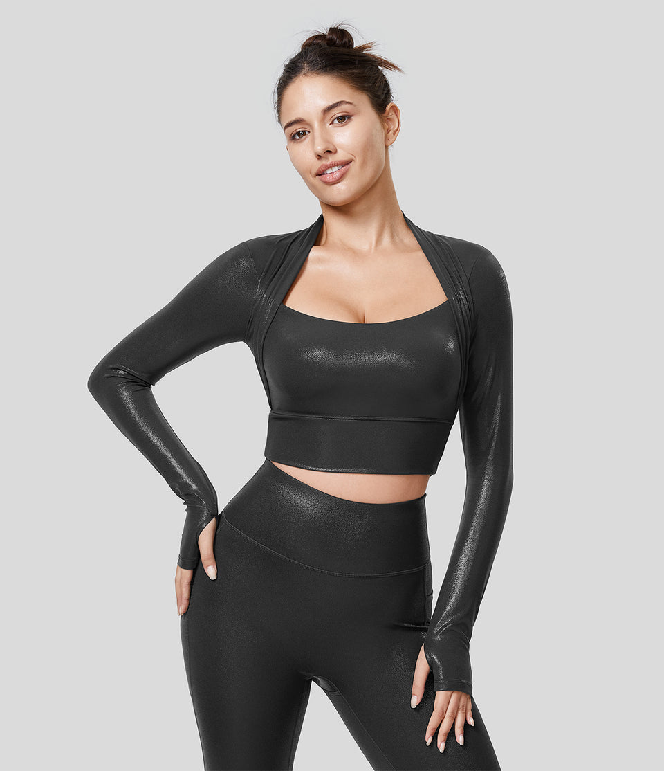 Softlyzero™ Faux Leather Long Sleeve Thumb Hole Cropped Foil Print Stretchy Party Sports Top