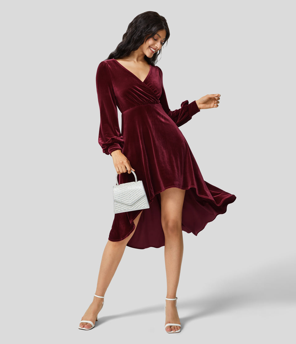 V Neck Crossover Plicated Bishop Sleeve High Low Flowy Velvet Midi Casual Dress