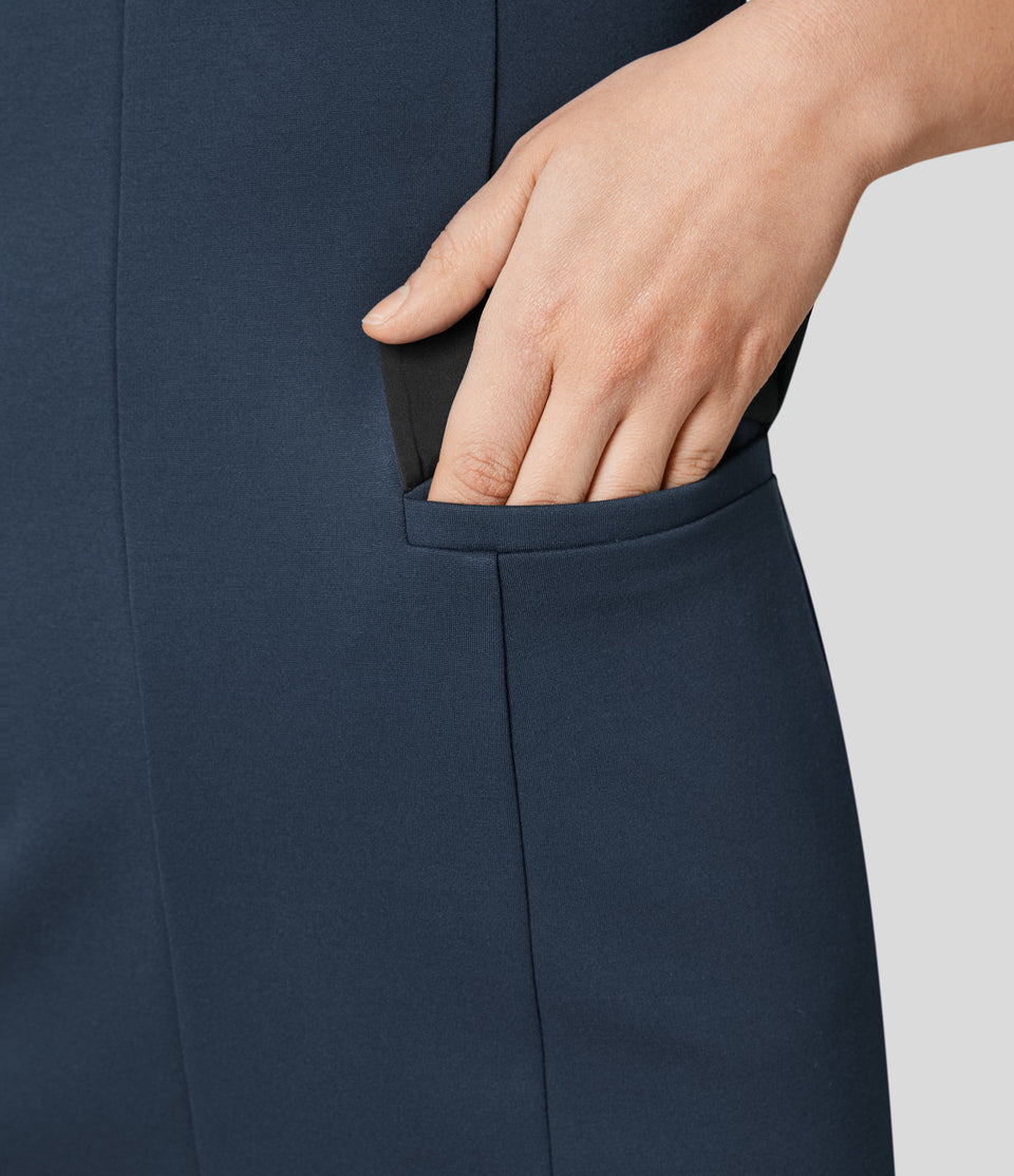 Deep V Neck Cap Sleeve Flap Pocket Slim Mini Work Dress