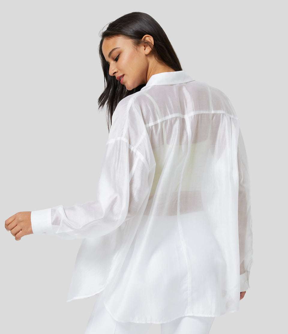 Sheer Collared Button Long Sleeve Chest Pocket Curved Hem Casual Shirt