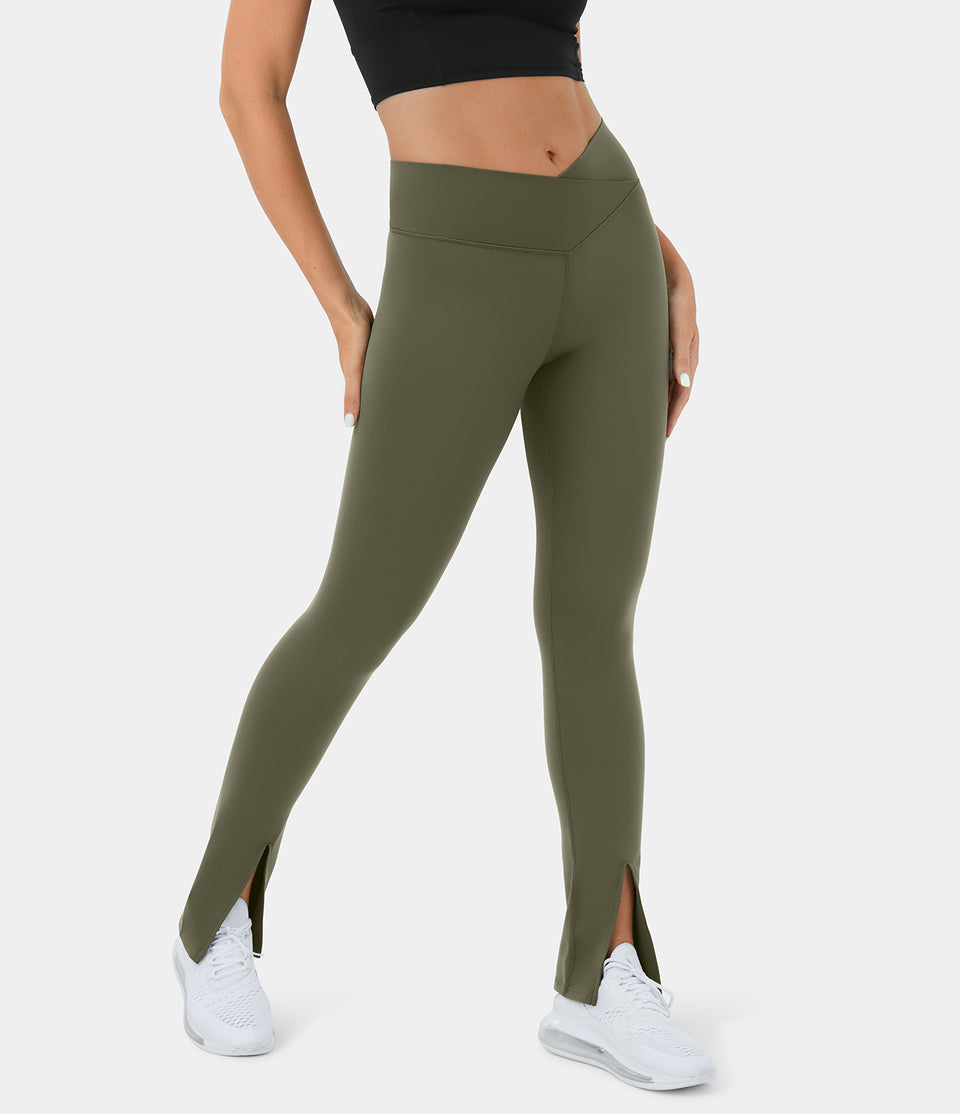 Softlyzero™ Plush Crossover Back Waistband Pocket Split Hem Yoga Leggings