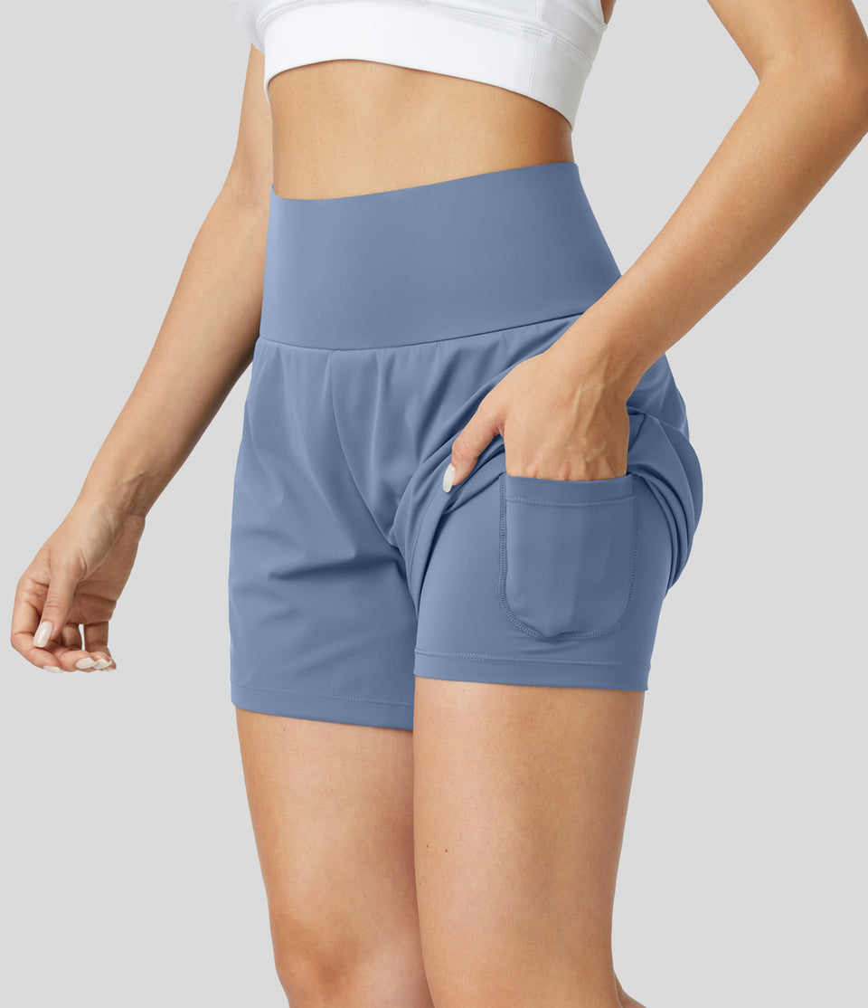 Super High Waisted Back Pocket & Side Hidden Pocket 2-in-1 Yoga Shorts 5''-Longer Length
