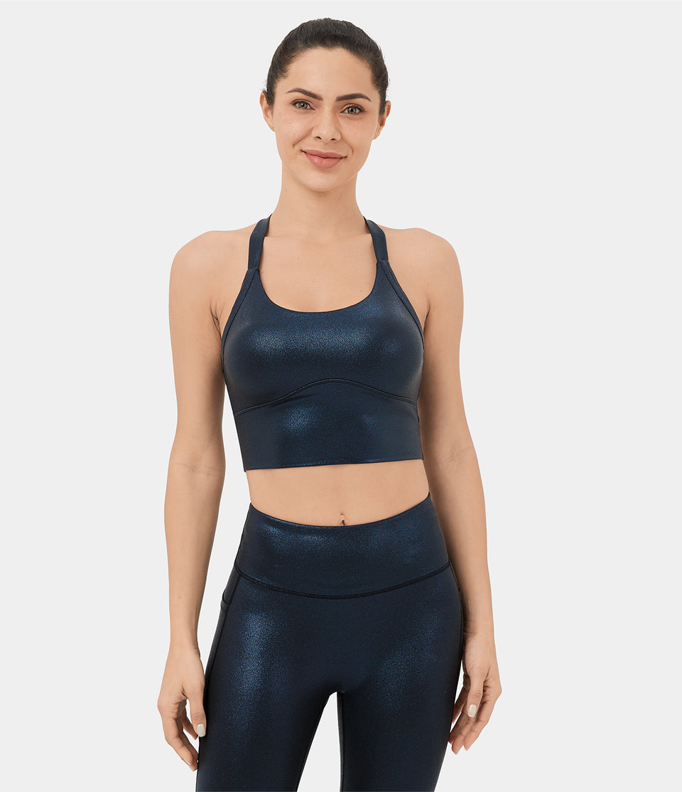 Softlyzero™ Faux Leather Backless Cut Out Twisted Foil Print Stretchy Cropped Yoga Tank Top