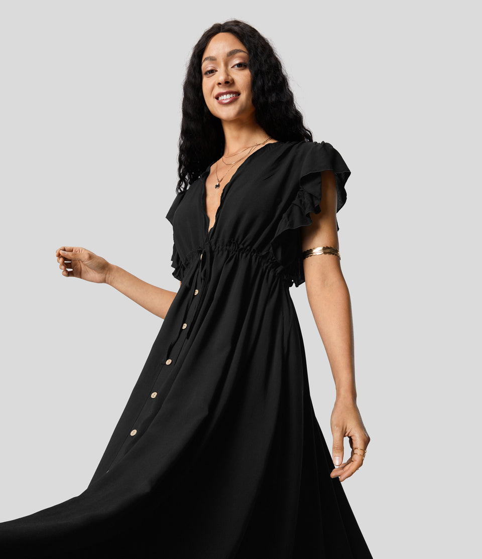 Deep V Neck Butterfly Sleeve Backless Drawstring Button Side Pocket Flowy Maxi Casual Dress