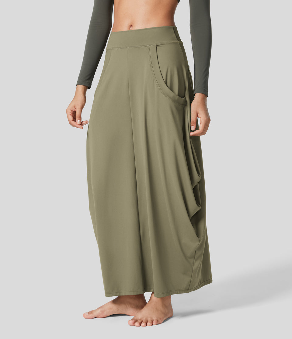 Mid Rise Multiple Pockets Side Draped Maxi Casual Lantern Skirt