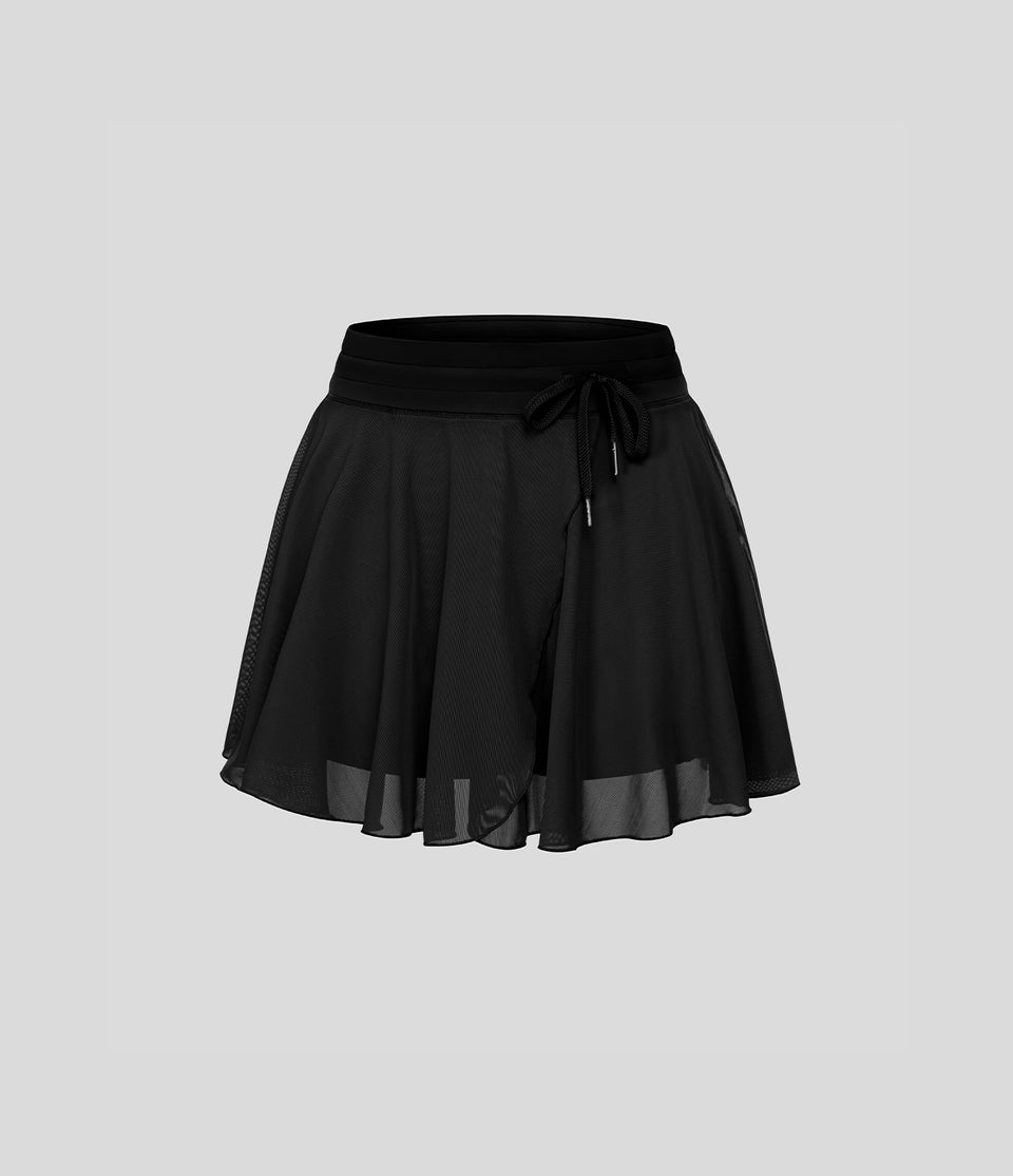 High Waisted Drawstring Contrast Mesh 2-in-1 Side Pocket Flowy Mini Flare Casual Skirt