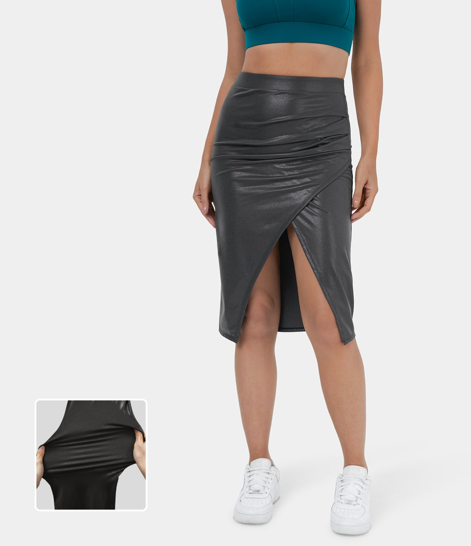 Softlyzero™ Faux Leather Ruched Split Hem Foil Print Stretchy Bodycon Midi Casual Skirt
