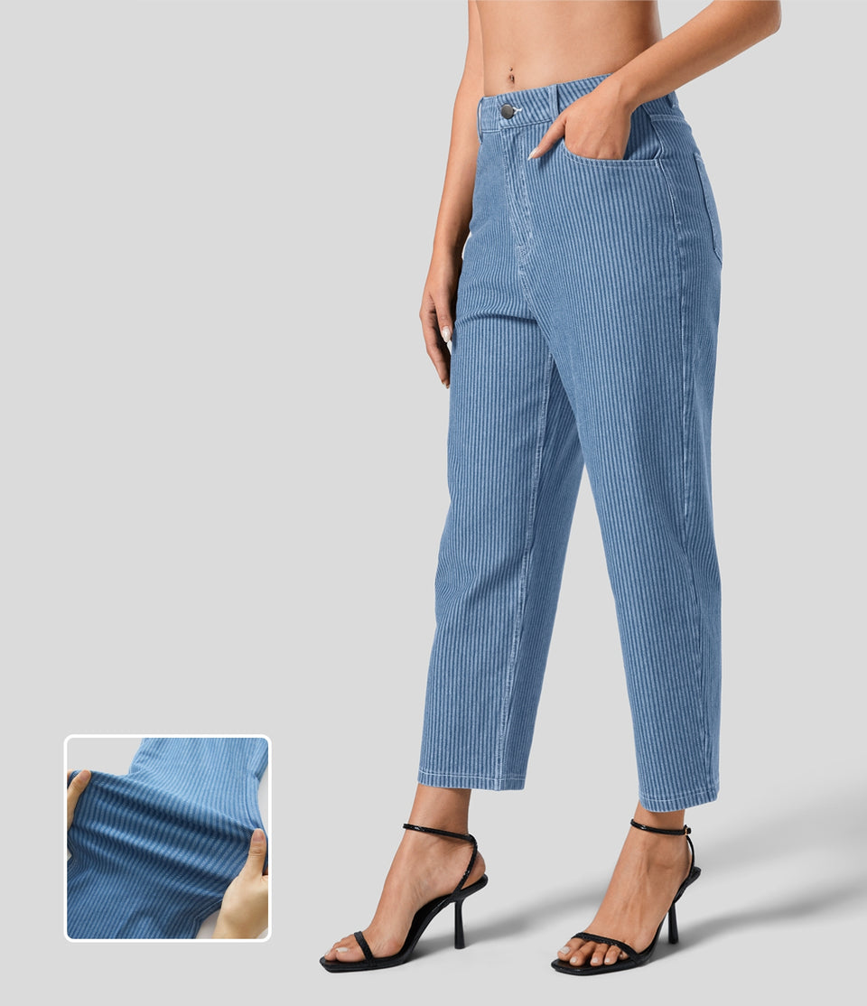 HalaraMagic™ Mid Rise Multiple Pockets Ankle Length Striped Washed Stretchy Knit Casual Mom Jeans