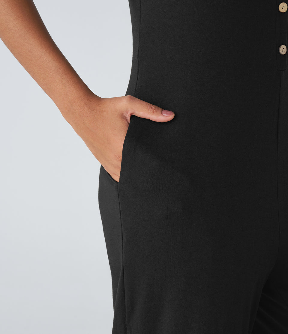 U Neck Button Sleeveless Side Pocket Capri Casual Jumpsuit