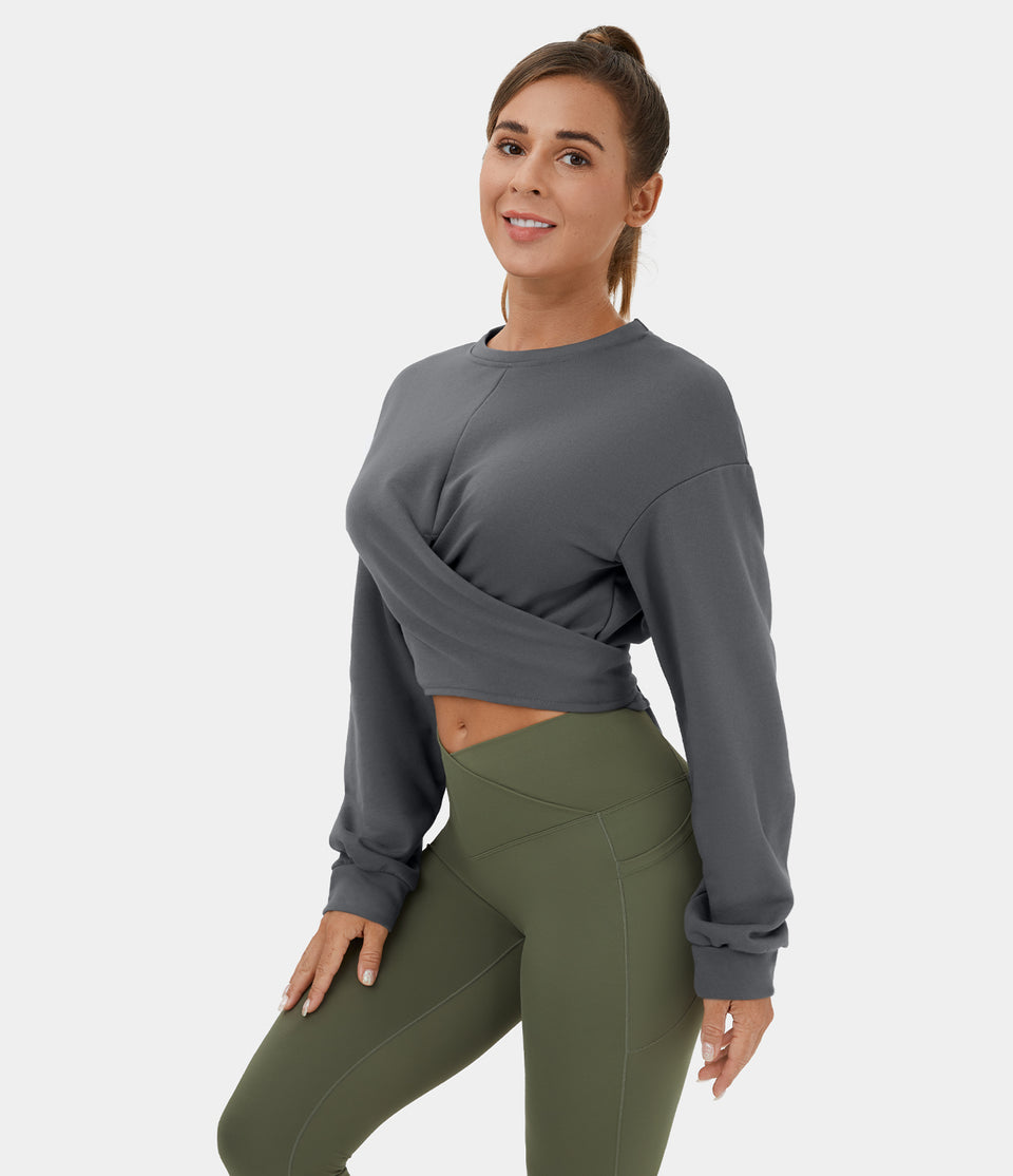 Dropped Shoulder Tie Back Cropped Casual Sports Sweatshirt