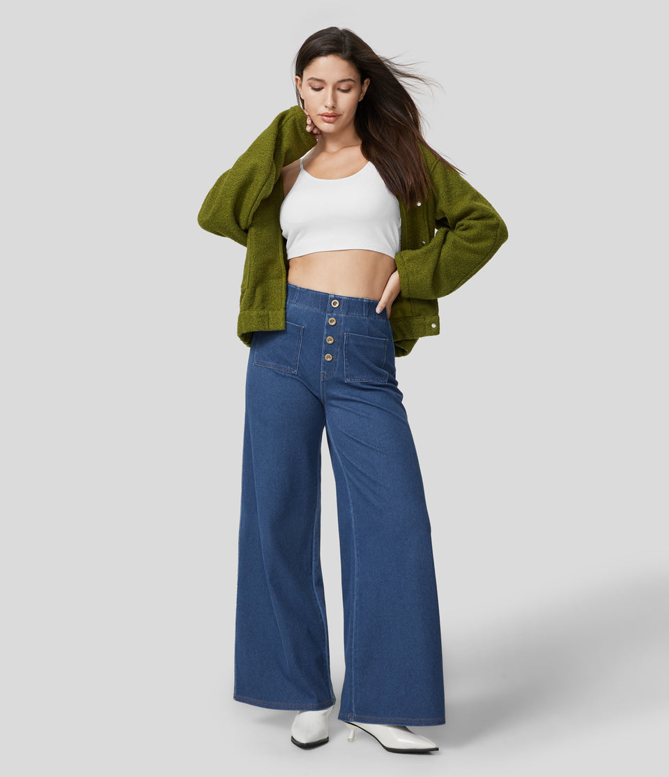 HalaraMagic™ High Waisted Button Multiple Pockets Washed Stretchy Knit Casual Wide Leg Full Length Jeans