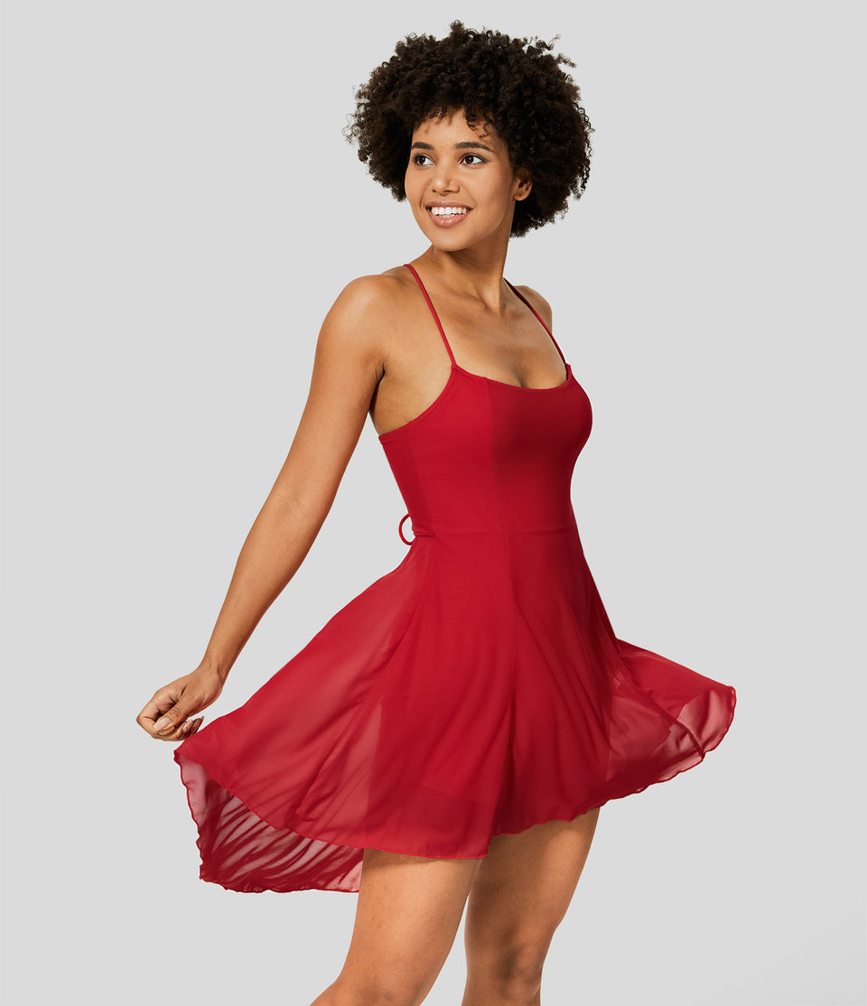 Backless Lace Up 2-in-1 Pocket High Low Contrast Mesh Flowy Mini Dance Active Dress